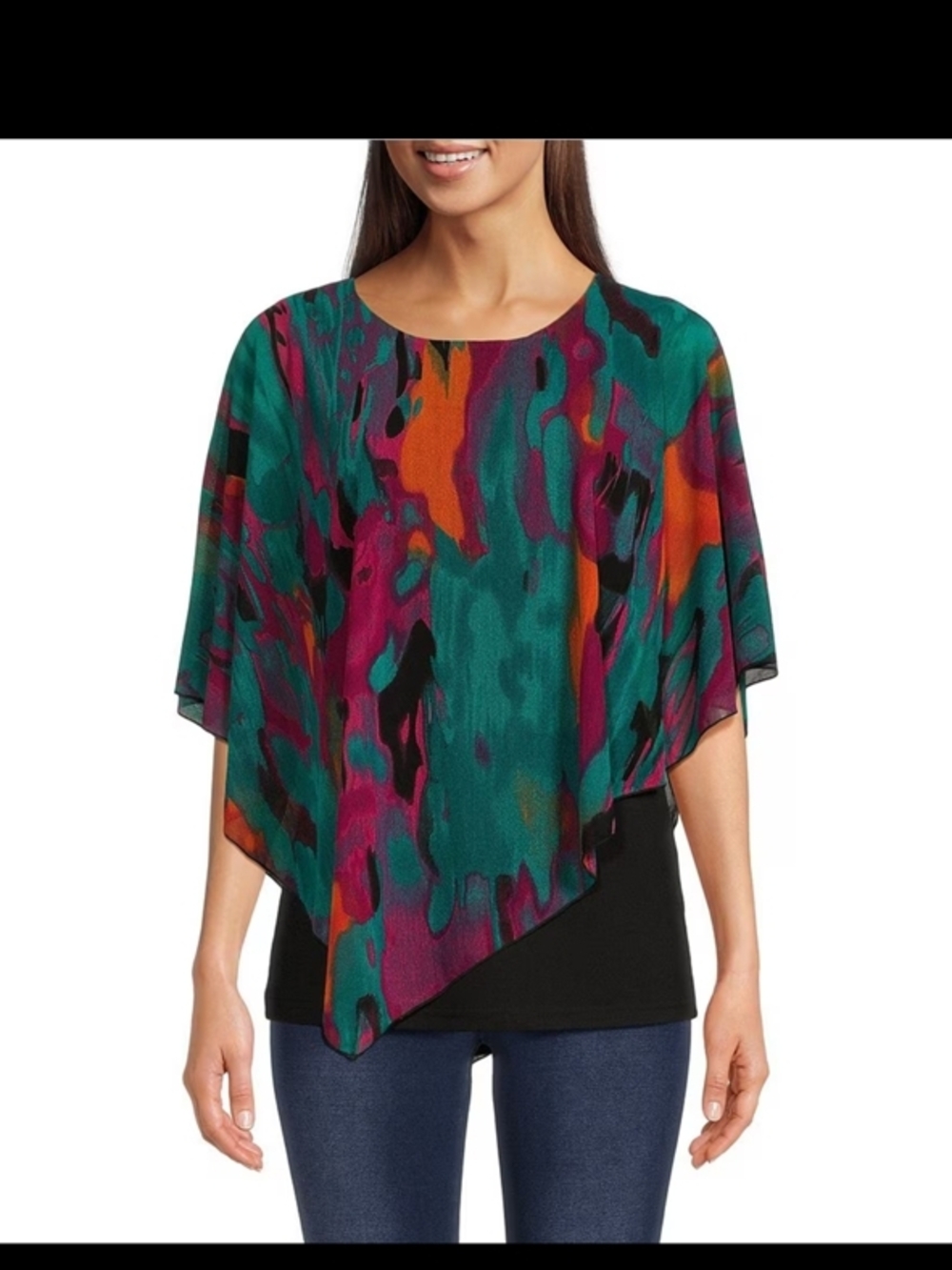 Vibrant Abstract Poncho Top in Teal, Magenta & Orange